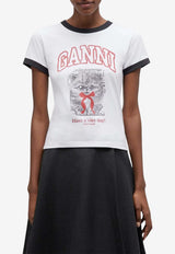GANNI Kitty Print Cropped T-shirt White A1050030_WHITE MULT