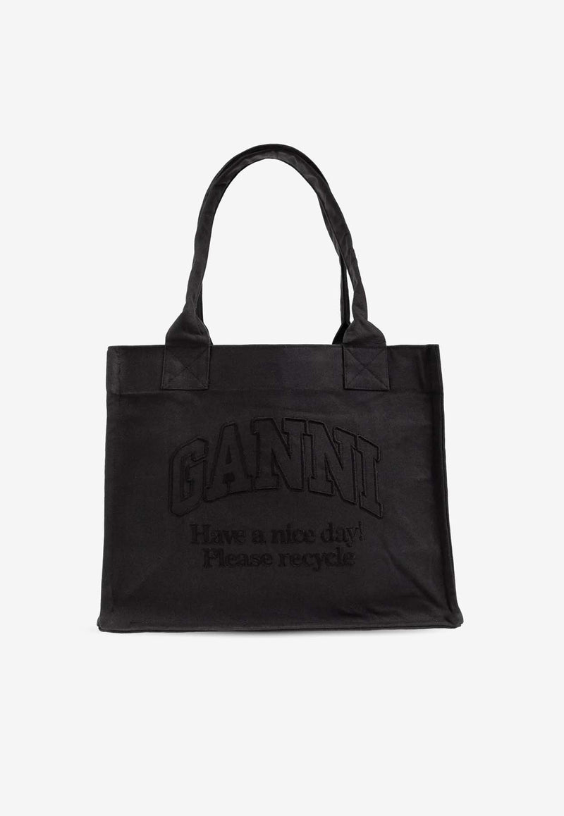 GANNI Large Logo Embroidered Canvas Tote Bag Gray A5577BLACK