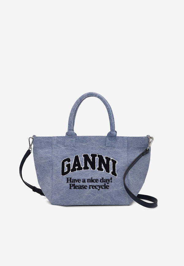 GANNI Small Washed Logo Tote Bag Blue A5973BLUE