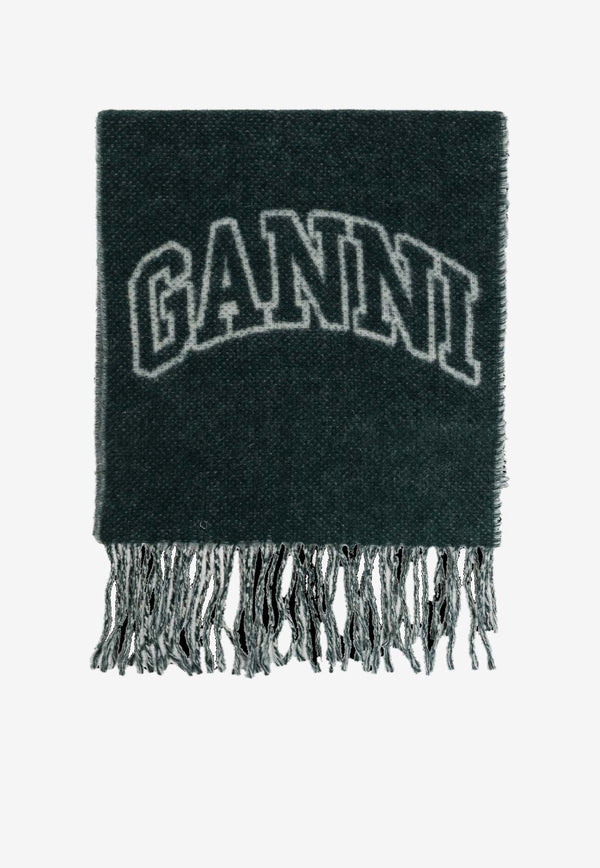 GANNI Logo Jacquard Wool Fringed Scarf Green A6203GREEN