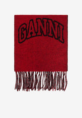 GANNI Logo Jacquard Wool Fringed Scarf Red A6204WINE