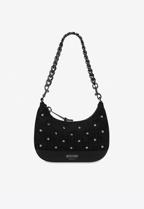 Moschino All-Over Logo Shoulder Bag with Rhinestones Black A7430 8268 4555