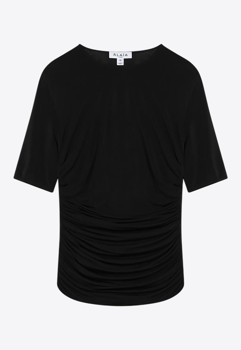 Alaïa Gathered Fitted Crewneck Top Black AA9H1248J050BCO/R_ALAIA-995