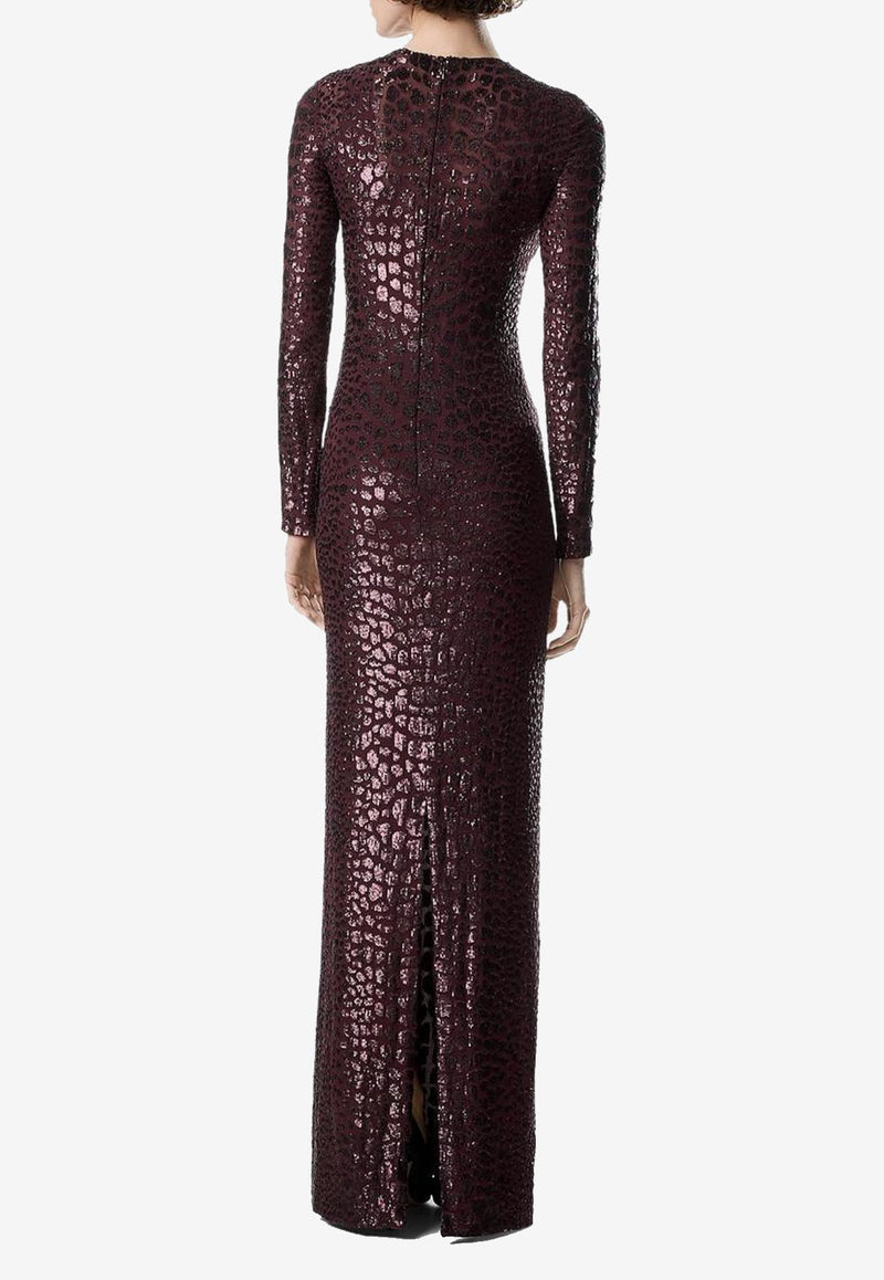 Tom Ford Embroidered Croc-Effect Gown Burgundy AB3587-SDE499 ER532