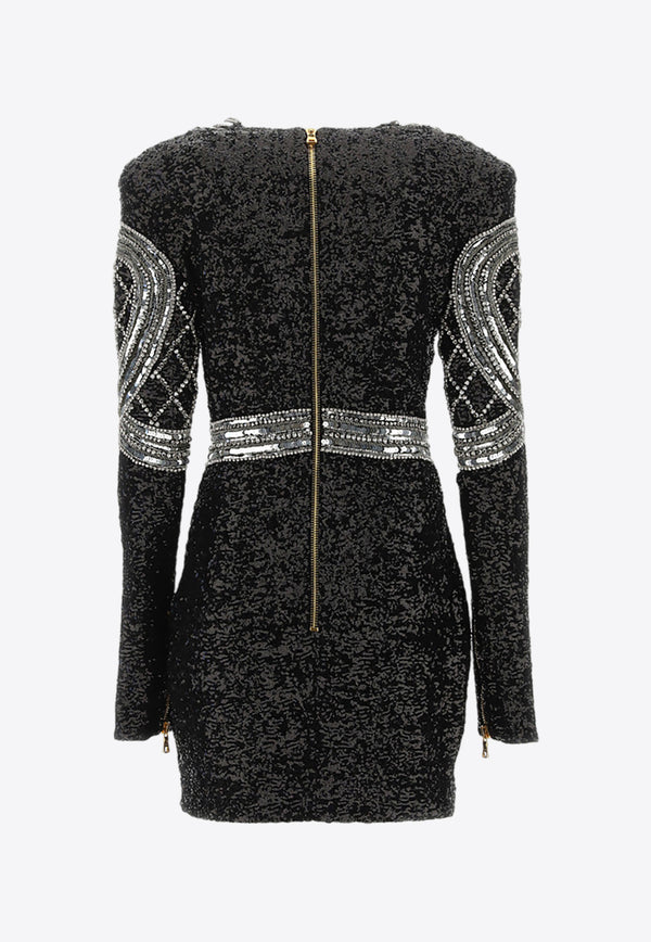 Balmain V-neck Sequin Embellished Mini Dress Black AF0R8550PB82_000_EAC