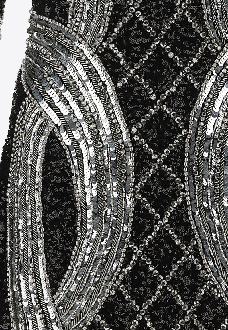 Balmain V-neck Sequin Embellished Mini Dress Black AF0R8550PB82_000_EAC