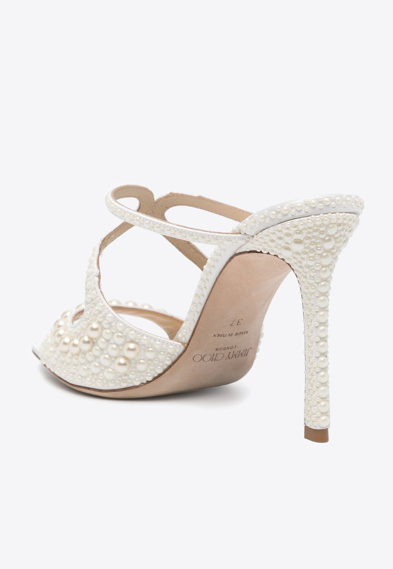 Jimmy Choo Anise 95 Pearl Embellished Mules ANISE 95 WOZ WHITE/WHITE