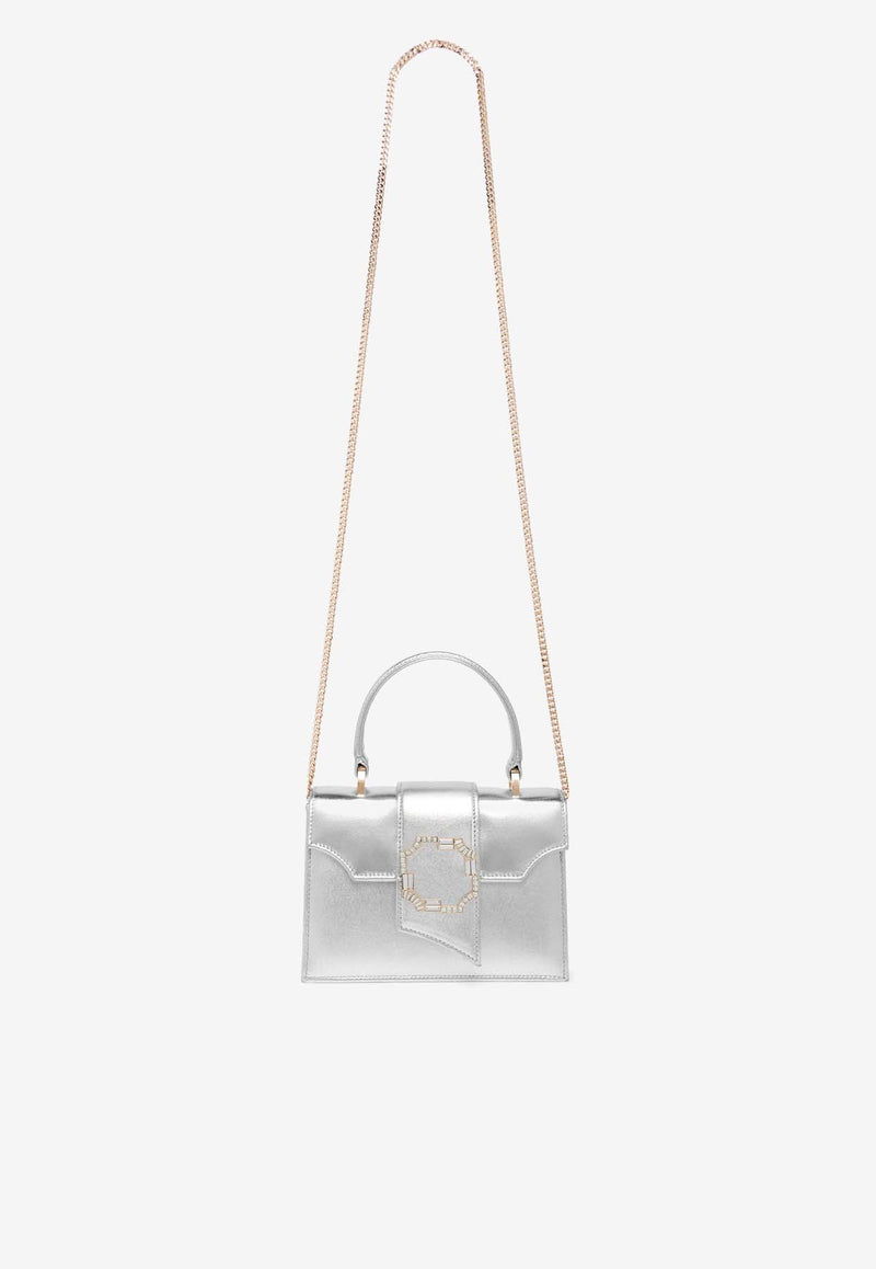 Malone Souliers Mini Audrey Crest Buckle Top Handle Bag in Metallic Leather AUDREY MINI 37 SILVER/SILVER