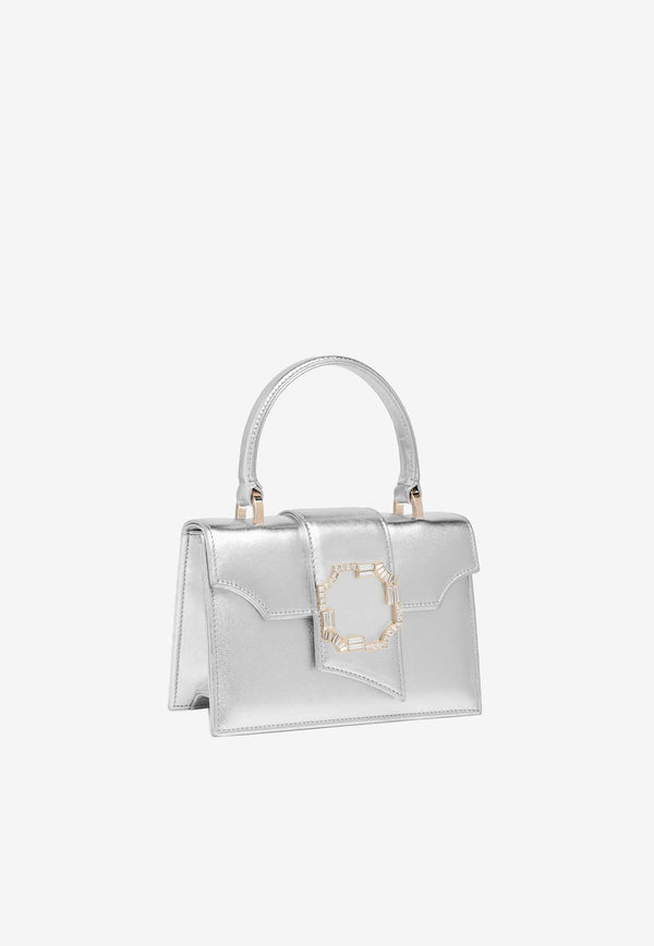 Malone Souliers Mini Audrey Crest Buckle Top Handle Bag in Metallic Leather AUDREY MINI 37 SILVER/SILVER