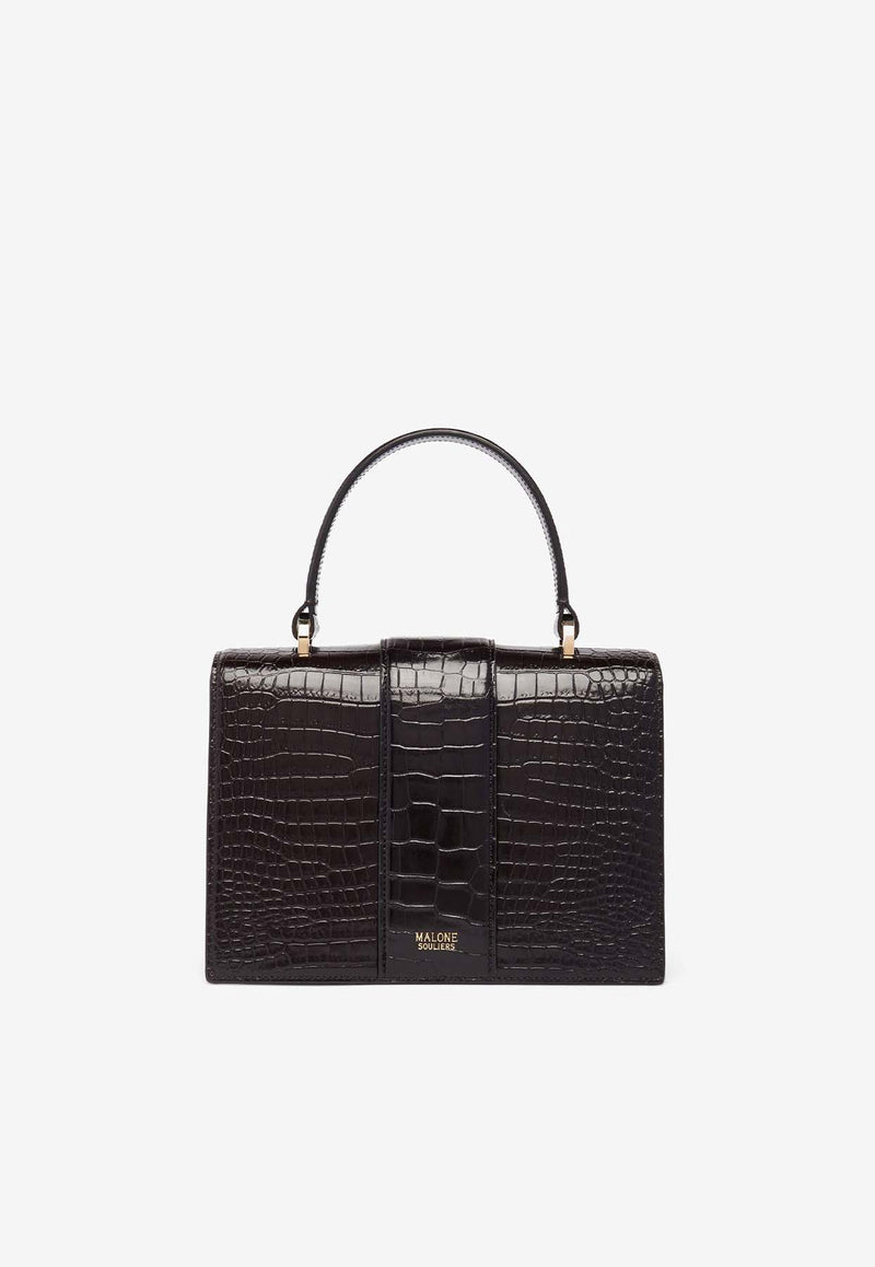 Malone Souliers Small Audrey Crest Buckle Top Handle Bag in Croc-Embossed Leather AUDREY SMALL 43 EBONY/EBONY