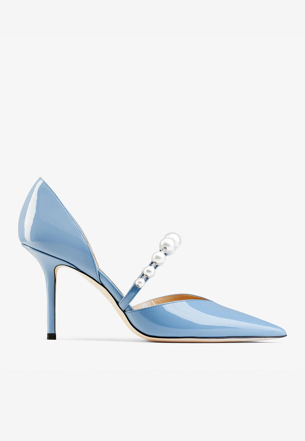 Jimmy Choo Aurelie 85 Pearl Embellished Pumps in Patent Leather AURELIE 85 XKM SMOKY BLUE/WHITE