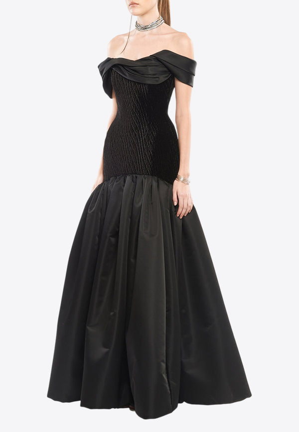 Avaro Figlio Off-Shoulder Draped Gown Black AVFFW24-18BLACK