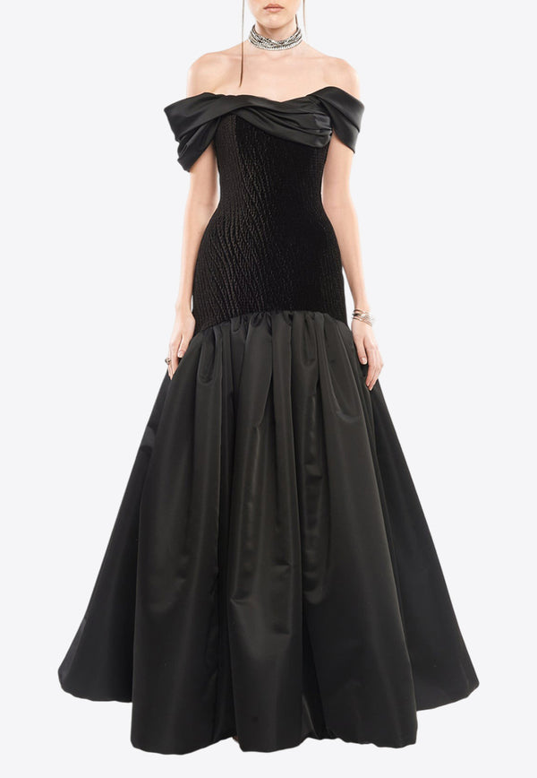 Avaro Figlio Off-Shoulder Draped Gown Black AVFFW24-18BLACK