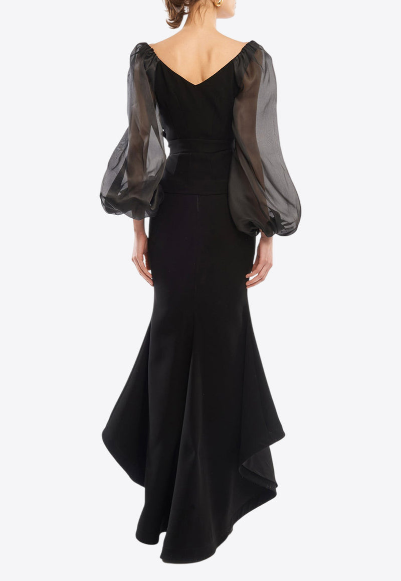 Avaro Figlio Wallet Draped Balloon-Sleeved Gown Black AVFFW24-43BLACK