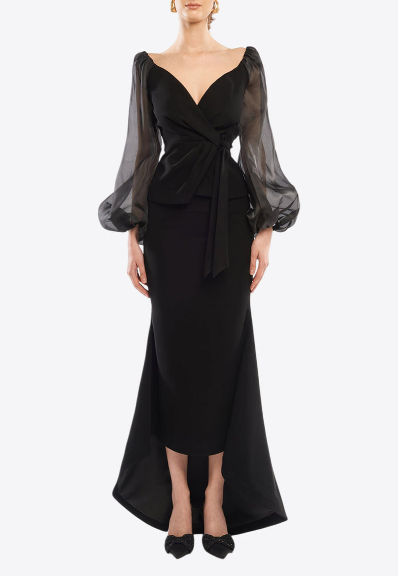 Avaro Figlio Wallet Draped Balloon-Sleeved Gown Black AVFFW24-43BLACK