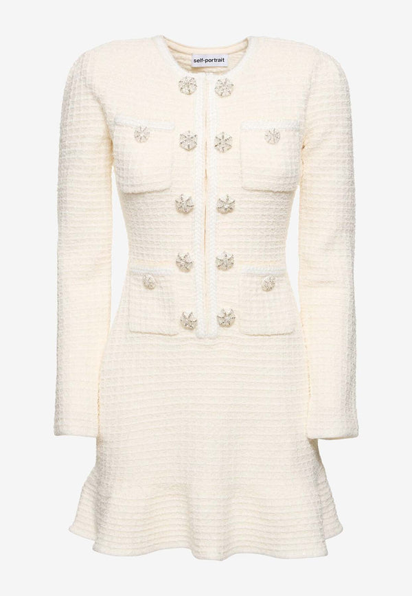 Self-Portrait Diamanté Buttons Textured Knit Mini Dress Cream AW24-085S-CCREAM