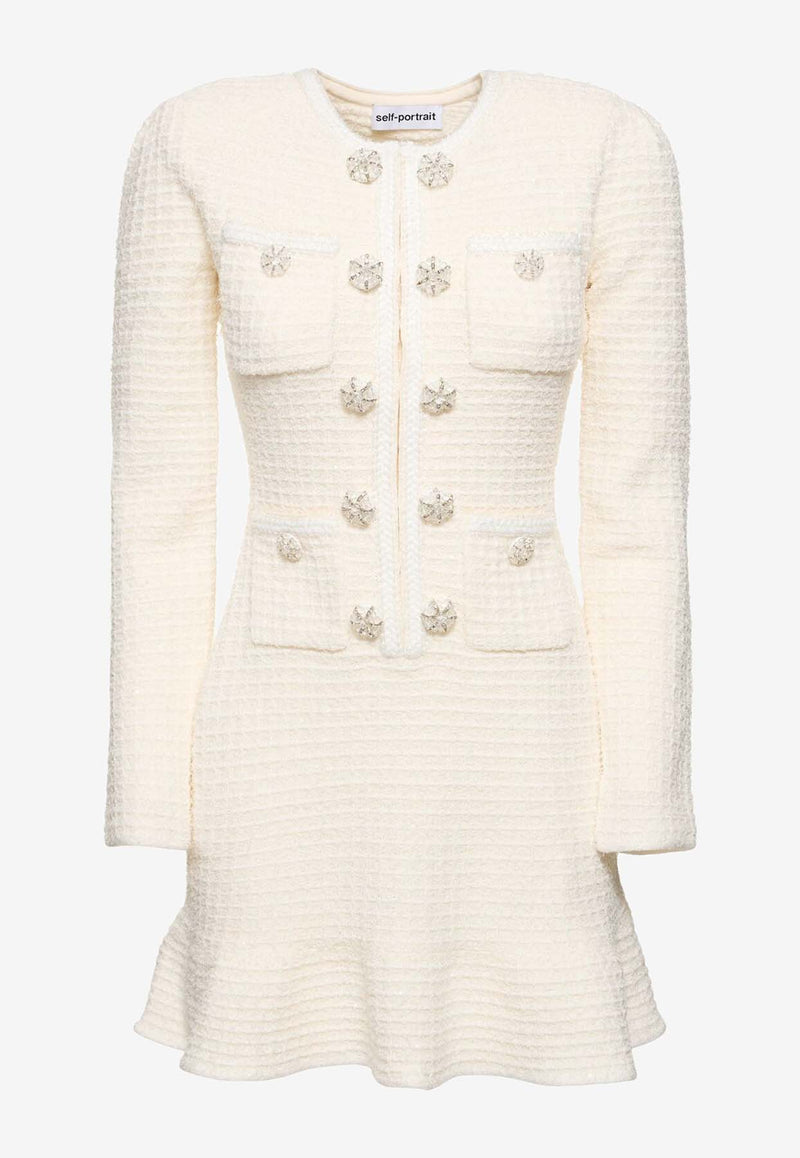 Self-Portrait Diamanté Buttons Textured Knit Mini Dress Cream AW24-085S-CCREAM