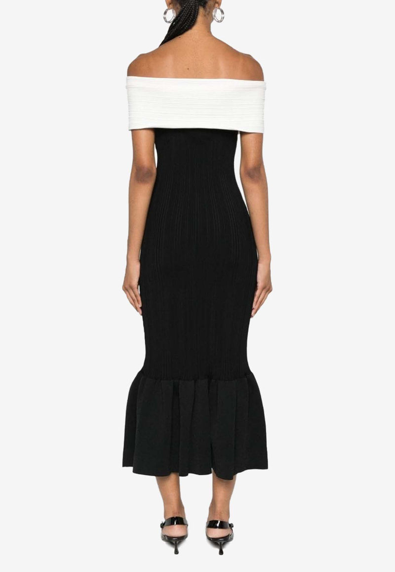 Self-Portrait Off-Shoulder Ribbed Knit Midi Dress with Bow Detail Black AW24-116M-BBLACK