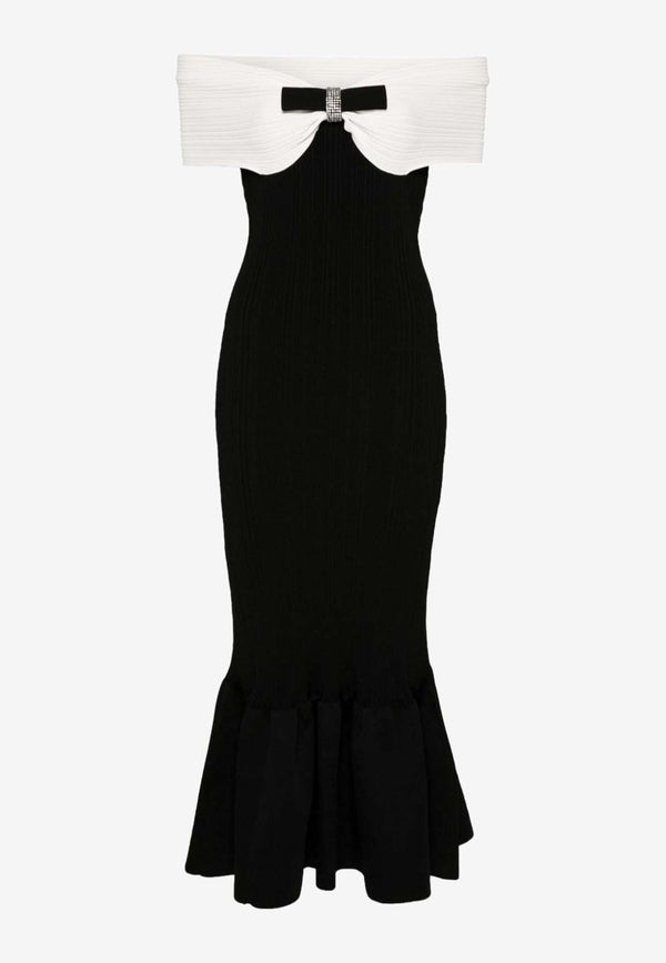 Self-Portrait Off-Shoulder Ribbed Knit Midi Dress with Bow Detail Black AW24-116M-BBLACK