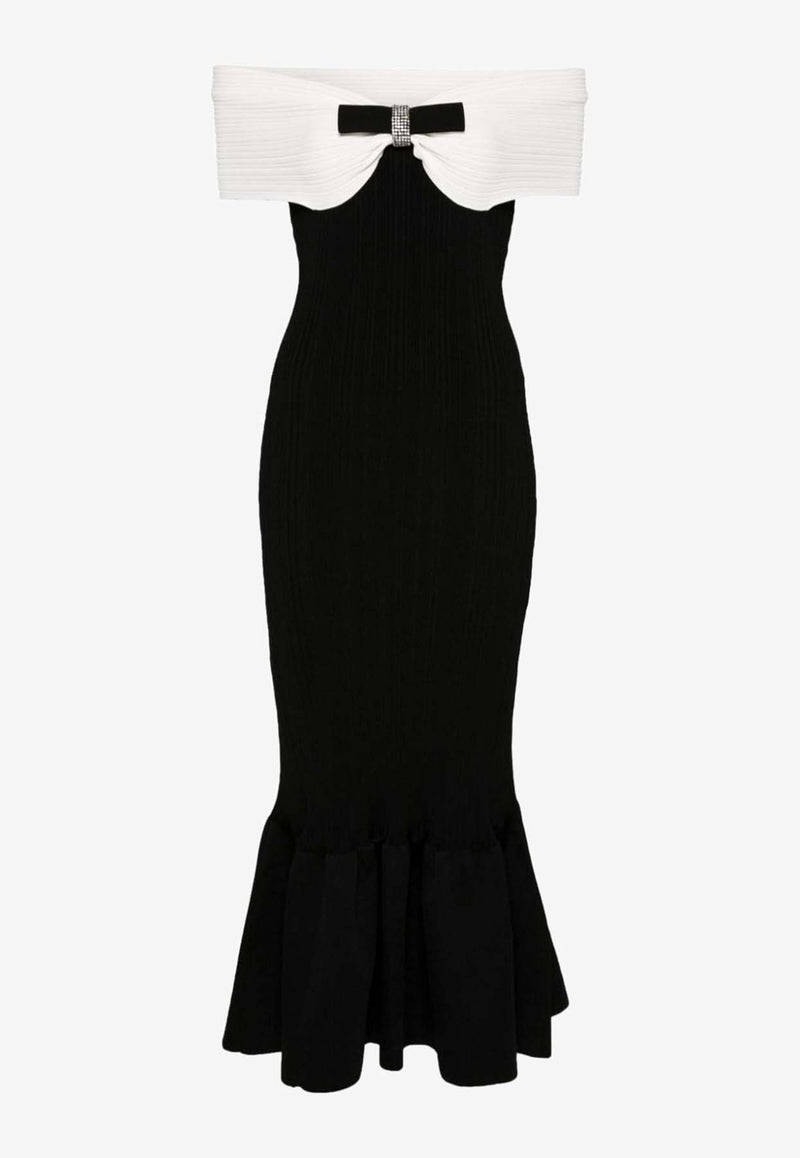 Self-Portrait Off-Shoulder Ribbed Knit Midi Dress with Bow Detail Black AW24-116M-BBLACK