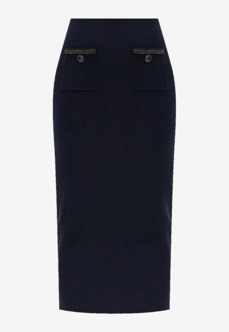 Self-Portrait Diamanté Embellished Knitted Midi Skirt Blue AW24-168MSK-BLNAVY