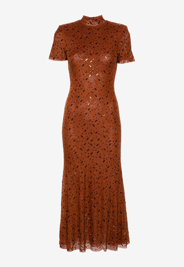 Self-Portrait Rhinestone Mesh Midi Dress Brown AW24-172M-BRBROWN