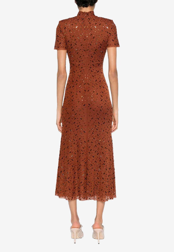 Self-Portrait Rhinestone Mesh Midi Dress Brown AW24-172M-BRBROWN