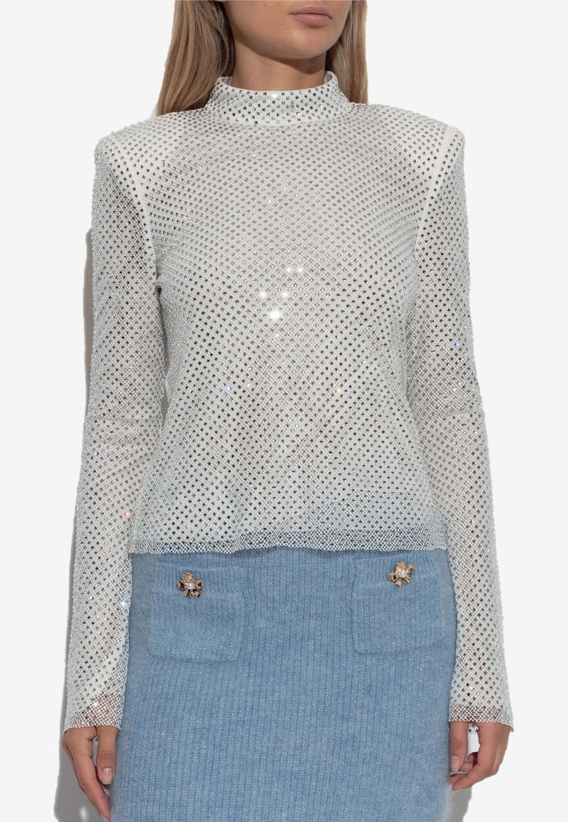 Self-Portrait Studded Mesh Long-Sleeved Top Silver AW24-174T-SSILVER