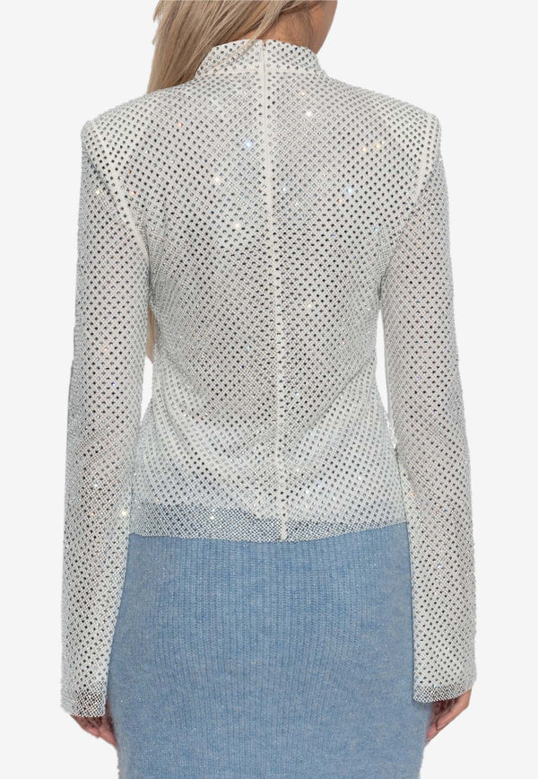 Self-Portrait Studded Mesh Long-Sleeved Top Silver AW24-174T-SSILVER