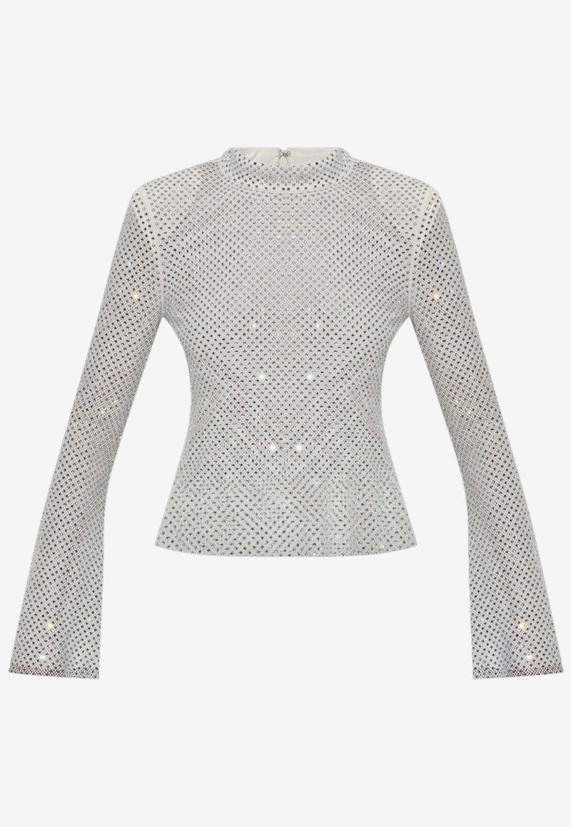 Self-Portrait Studded Mesh Long-Sleeved Top Silver AW24-174T-SSILVER