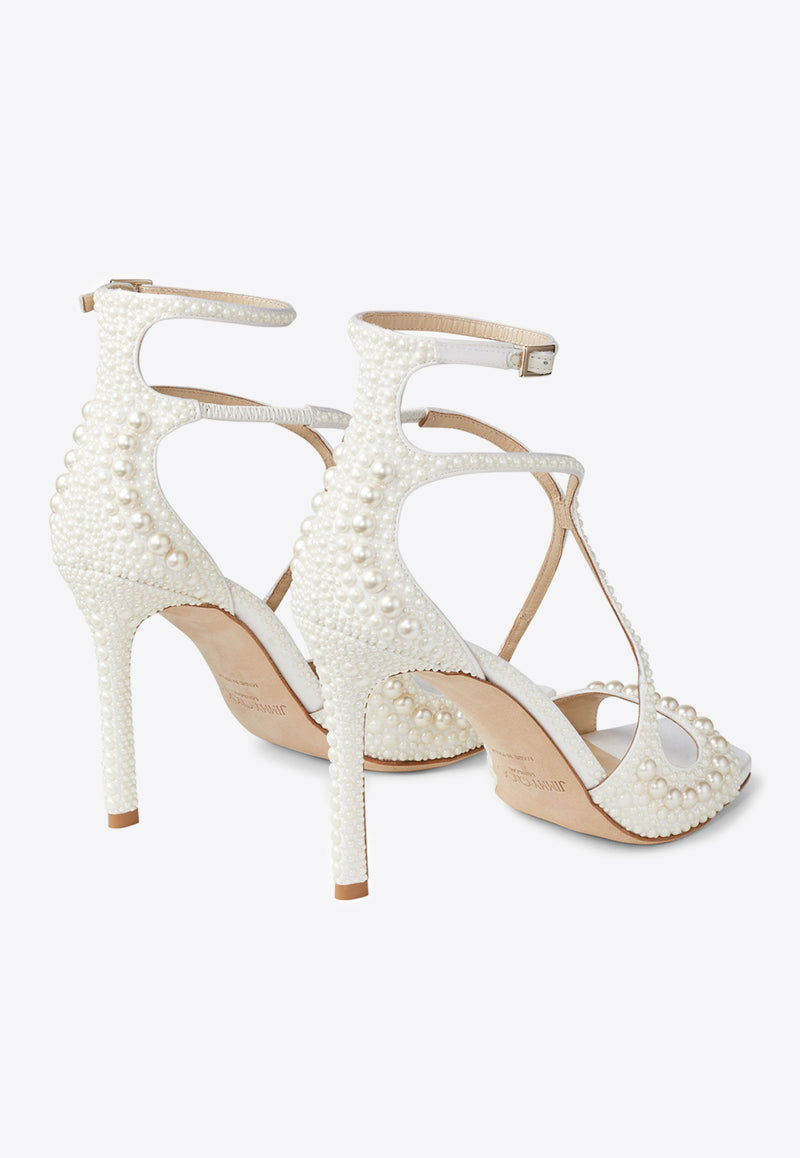 Jimmy Choo Azia 95 Pearls Embellished Satin Sandals AZIA 95 WOZ WHITE/WHITE