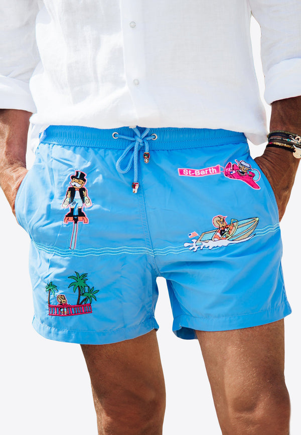 Les Canebiers All-Over Saint-Barth Embroidered Swim Shorts Blue