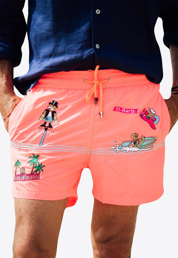 Les Canebiers All-Over Saint-Barth Embroidered Swim Shorts Orange