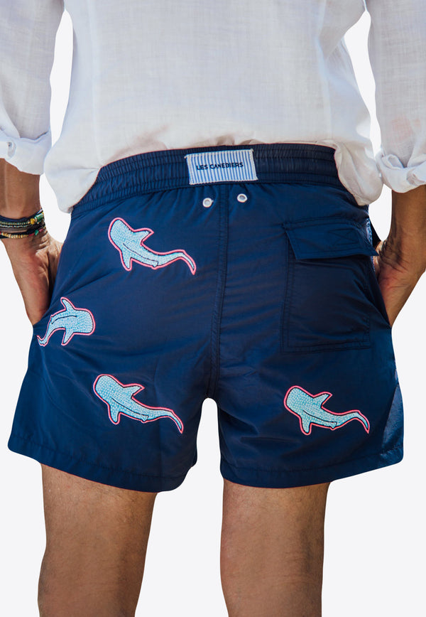 Les Canebiers All-Over Shark Embroidery Swim Shorts Navy