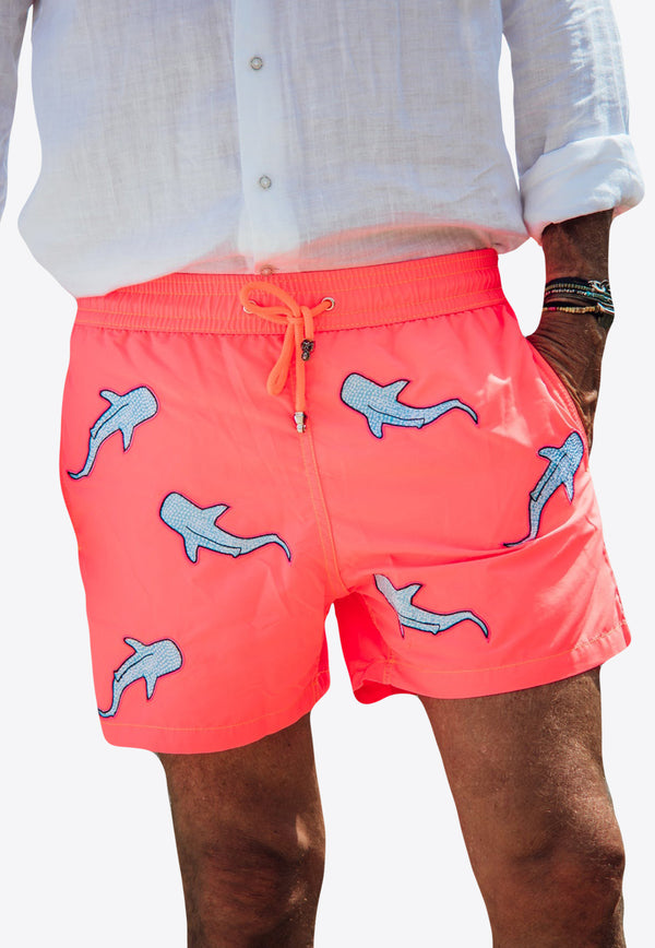 Les Canebiers All-Over Shark Embroidery Swim Shorts Orange