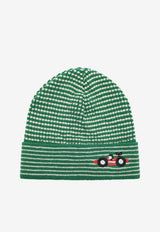 Bobo Choses Girls Race Car Striped Wool Beanie Green B225AH048CO/R_BOBO-LG