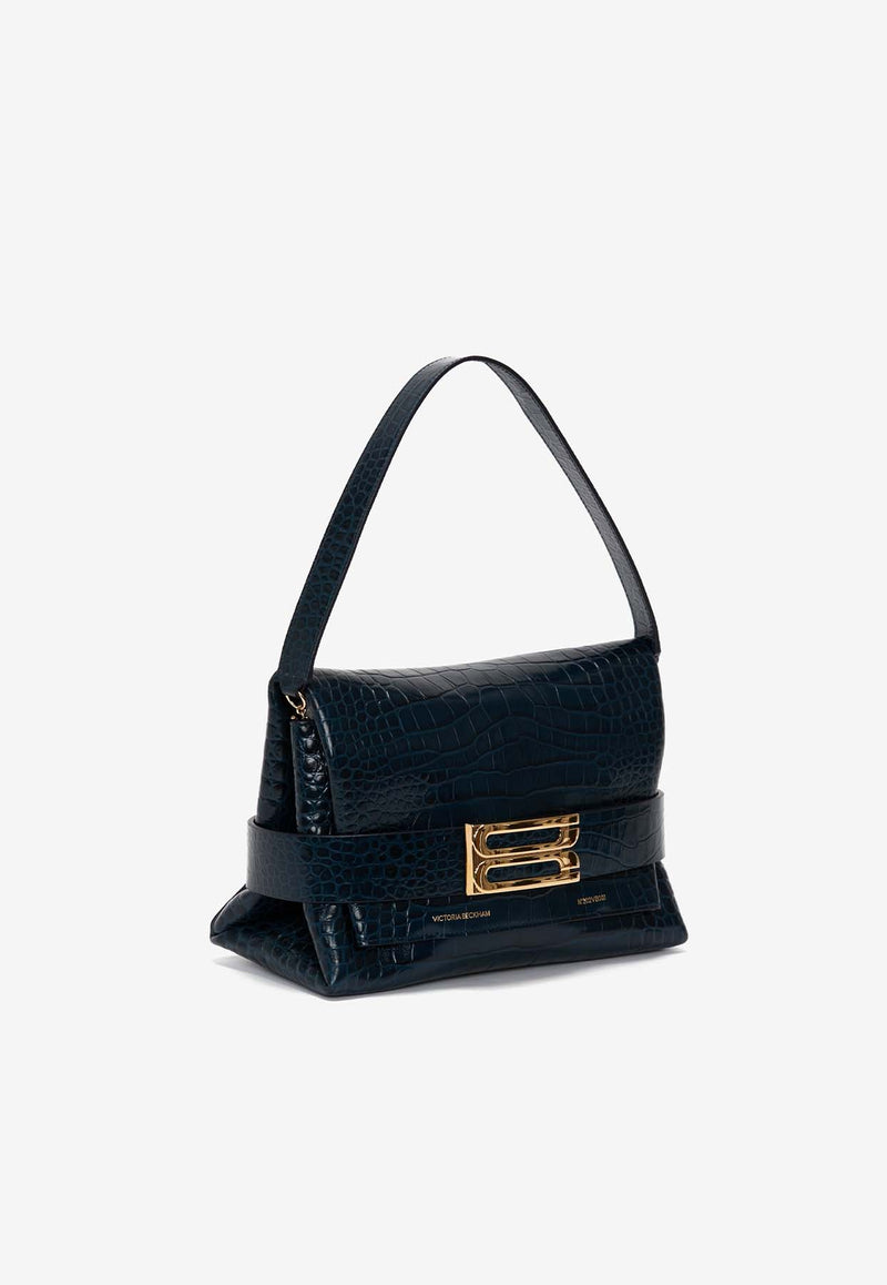 Victoria Beckham B Buckle Shoulder Bag in Croc-Embossed Leather Midnight Blue B324AAC005756ANAVY