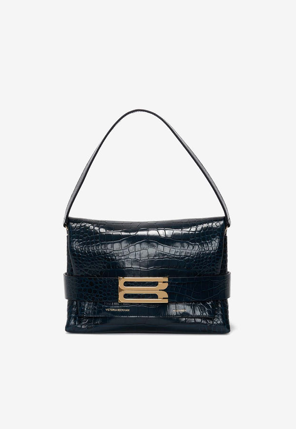 Victoria Beckham B Buckle Shoulder Bag in Croc-Embossed Leather Midnight Blue B324AAC005756ANAVY