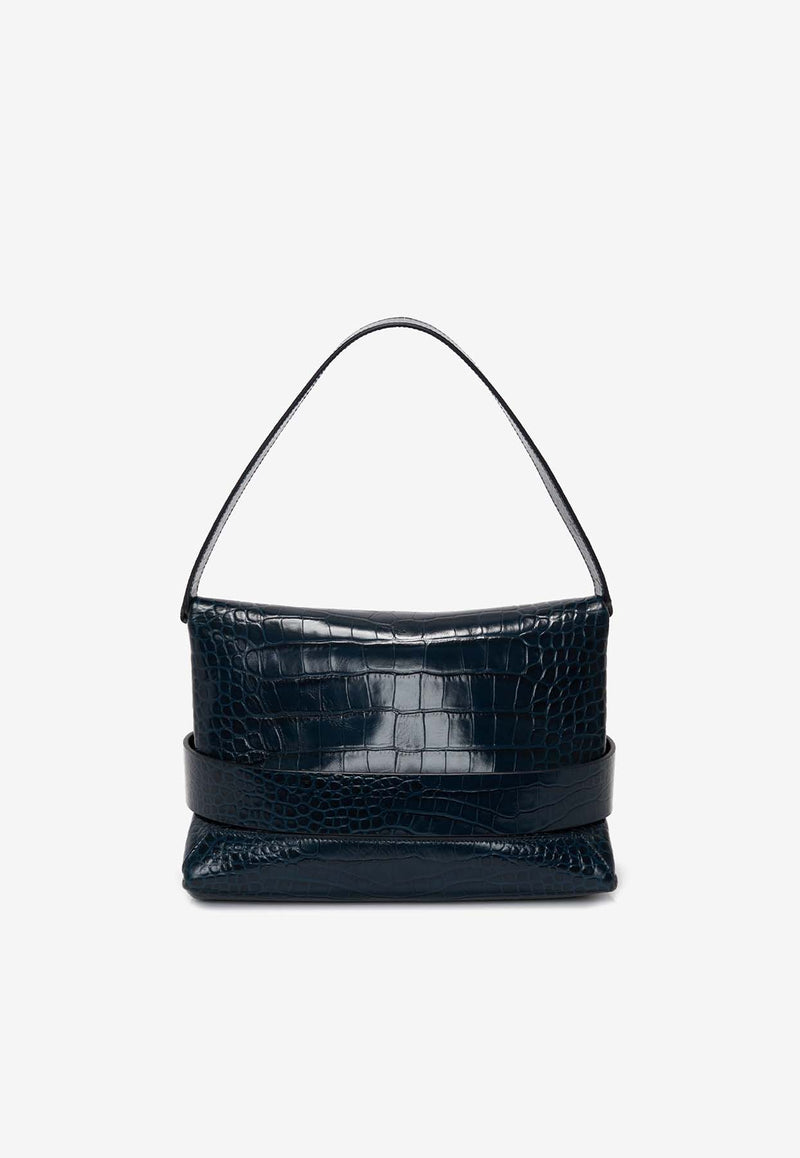 Victoria Beckham B Buckle Shoulder Bag in Croc-Embossed Leather Midnight Blue B324AAC005756ANAVY