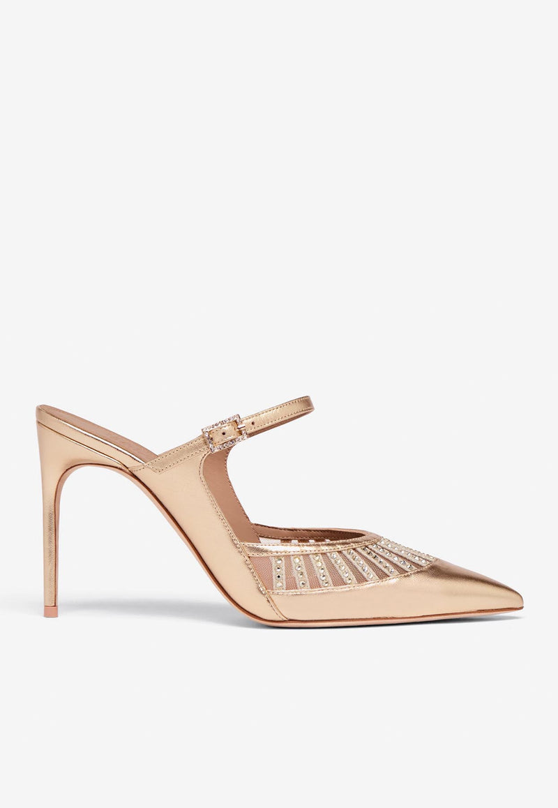 Malone Souliers Bardot 90 Crystal-Embellished Metallic Leather Mules BARDOT 90-1 ANTIQUE GOLD/NUDE
