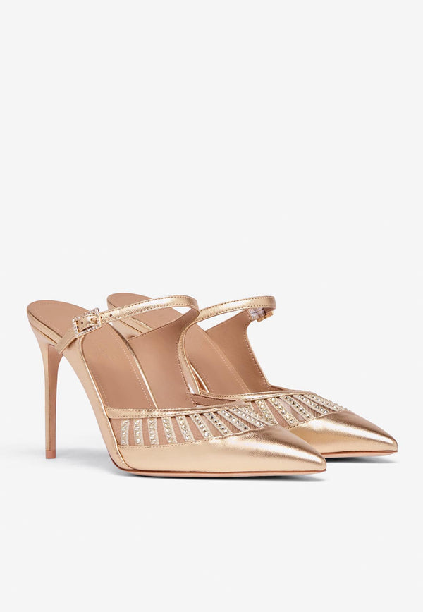 Malone Souliers Bardot 90 Crystal-Embellished Metallic Leather Mules BARDOT 90-1 ANTIQUE GOLD/NUDE