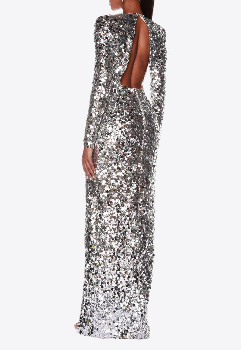 Bronx and Banco Farah Long-Sleeved Sequined Gown Silver BB-21-083SILVER