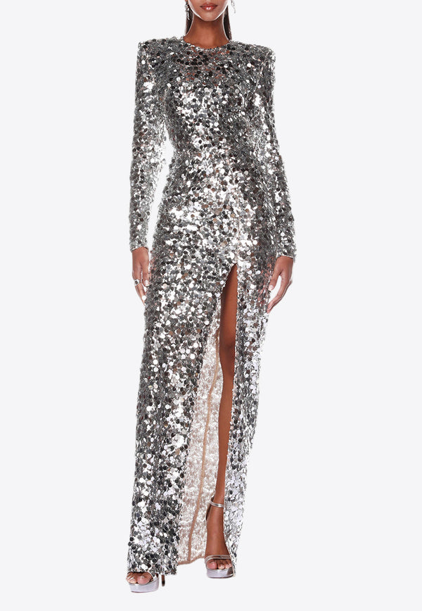 Bronx and Banco Farah Long-Sleeved Sequined Gown Silver BB-21-083SILVER