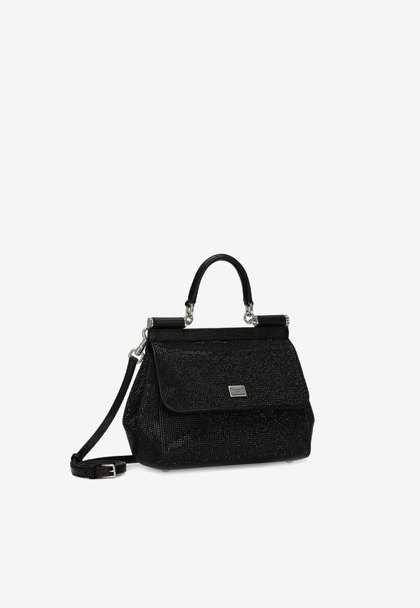 Dolce & Gabbana Medium Sicily Rhinestone Embellished Top Handle Bag Black BB6003 AN154 8B956