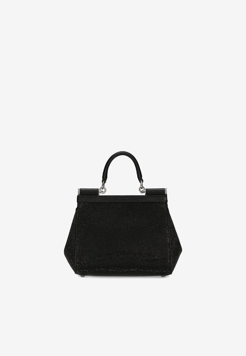 Dolce & Gabbana Medium Sicily Rhinestone Embellished Top Handle Bag Black BB6003 AN154 8B956