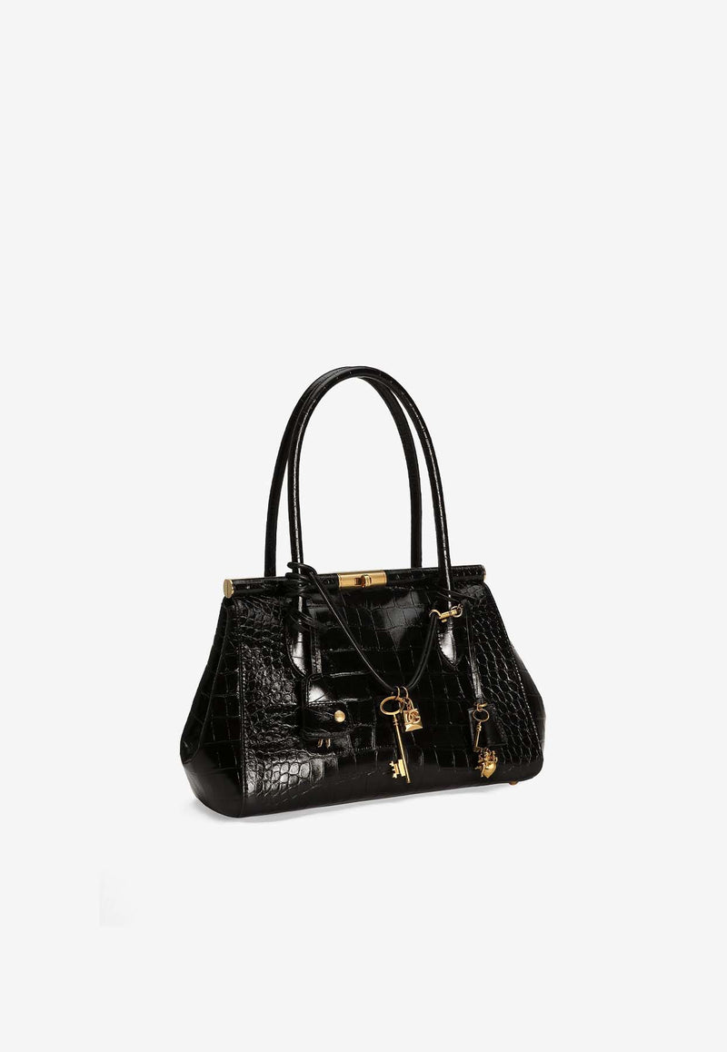 Dolce & Gabbana Marlene Everyday Shoulder Bag in Croc-Embossed Leather Black BB7734 AU787 80999