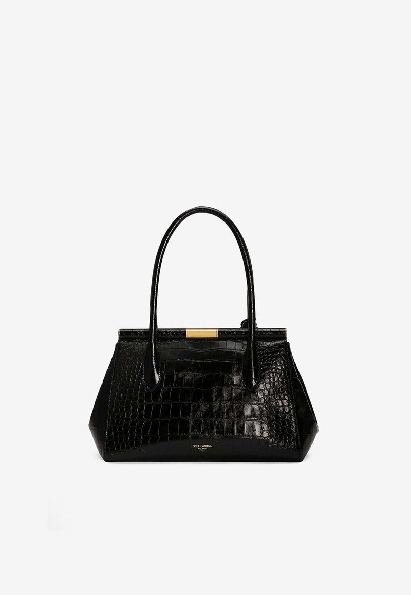 Dolce & Gabbana Marlene Everyday Shoulder Bag in Croc-Embossed Leather Black BB7734 AU787 80999