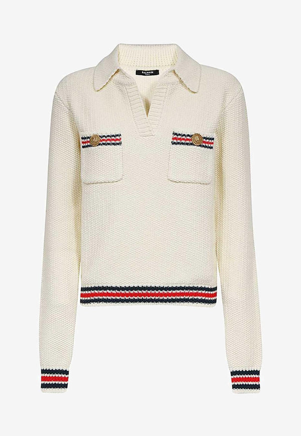 Balmain Long-Sleeved Knitted Polo Sweater White BF1GD010KE80 - TRAVELWHITE MULTI