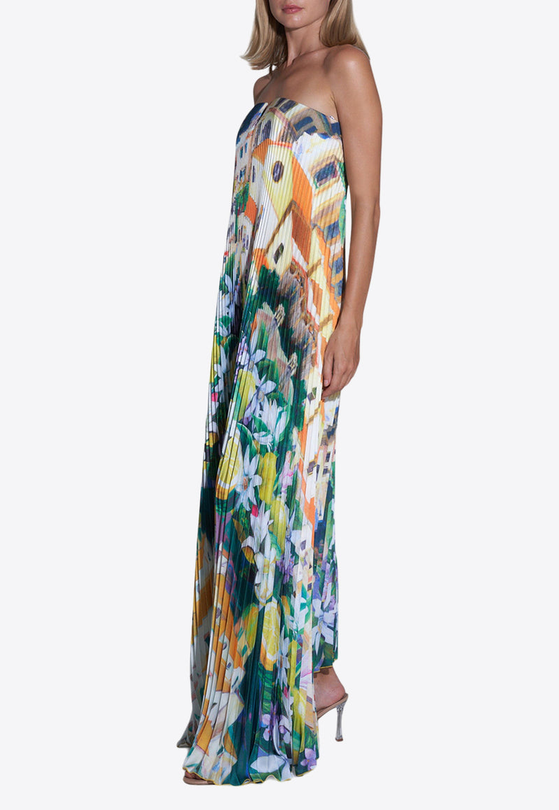 L'IDEE Strapless Floral Plisse Maxi Dress Multicolor BLACKTIE GOWN POSITANOFLORAL