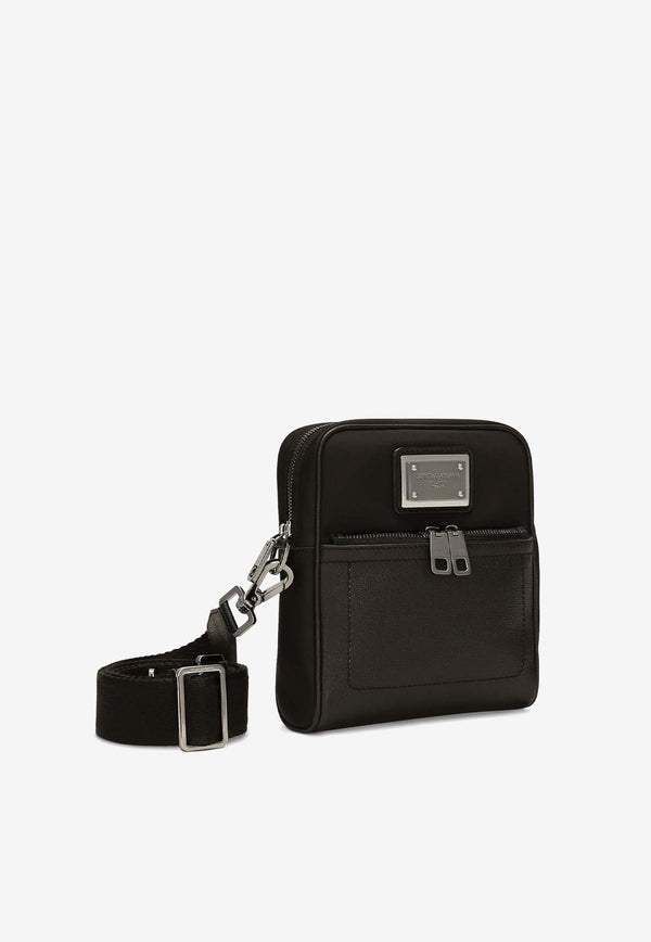 Dolce & Gabbana Logo Plaque Grained Leather Messenger Bag Black BM2302 AD447 8B956